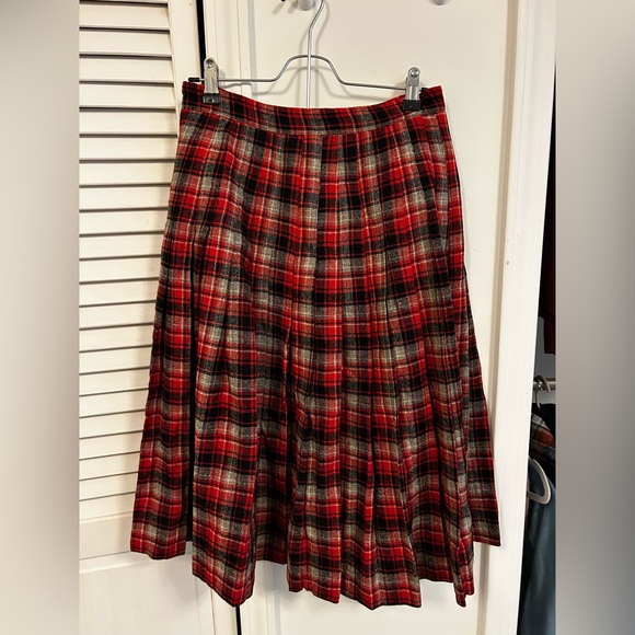 Vintage Wool Red Plaid Pleated Skirt - Picture 1 of 5